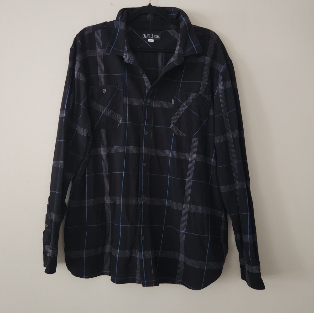 Caliville black plaid button up shirt size XXL cotton longlseeve tee